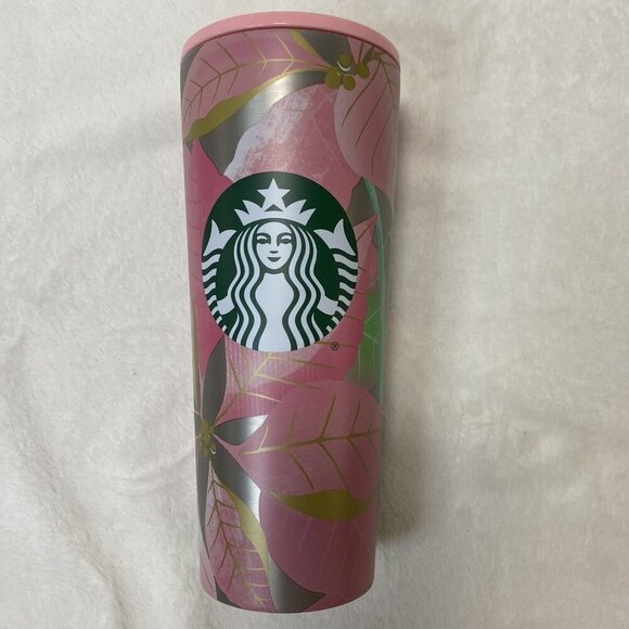 Starbucks Holiday 2020 Pink Leafs Stainless Steel 24 oz Cold Cup - Picture 1 of 6